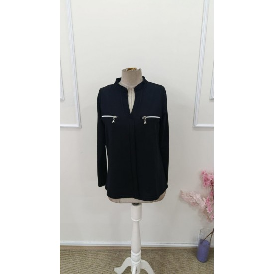 Kadın Uzun Kollu V Hakim Yaka Fermuar Detaylı Viskon Bluz , 31822