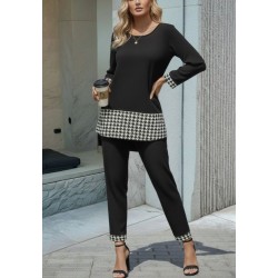 Kadın Uzun Kollu Yuvarlak Yakalı Kaz Ayağı Detaylı Viskon Iki Iplik Bluz Ve Pantolon Ikili Takım , 31835