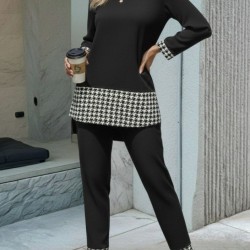 Kadın Uzun Kollu Yuvarlak Yakalı Kaz Ayağı Detaylı Viskon Iki Iplik Bluz Ve Pantolon Ikili Takım , 31835