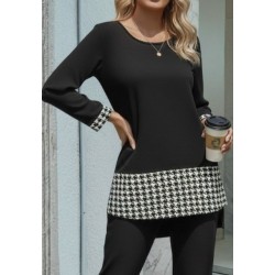 Kadın Uzun Kollu Yuvarlak Yakalı Kaz Ayağı Detaylı Viskon Iki Iplik Bluz Ve Pantolon Ikili Takım , 31835