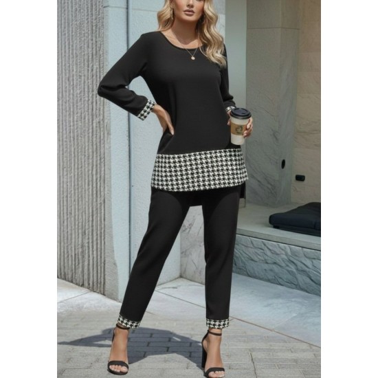 Kadın Uzun Kollu Yuvarlak Yakalı Kaz Ayağı Detaylı Viskon Iki Iplik Bluz Ve Pantolon Ikili Takım , 31835