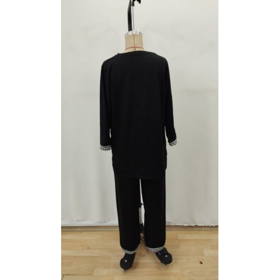 Kadın Uzun Kollu Yuvarlak Yakalı Kaz Ayağı Detaylı Viskon Iki Iplik Bluz Ve Pantolon Ikili Takım , 31835