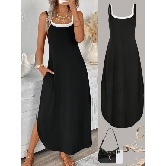 Kadın Ip Askılı Yuvarlak Yakalı Cepli Uzun Viskon Elbise , 31840