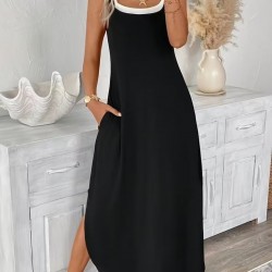 Kadın Ip Askılı Yuvarlak Yakalı Cepli Uzun Viskon Elbise , 31840