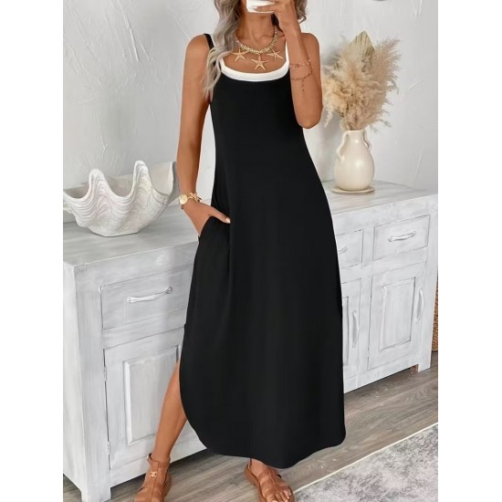 Kadın Ip Askılı Yuvarlak Yakalı Cepli Uzun Viskon Elbise , 31840