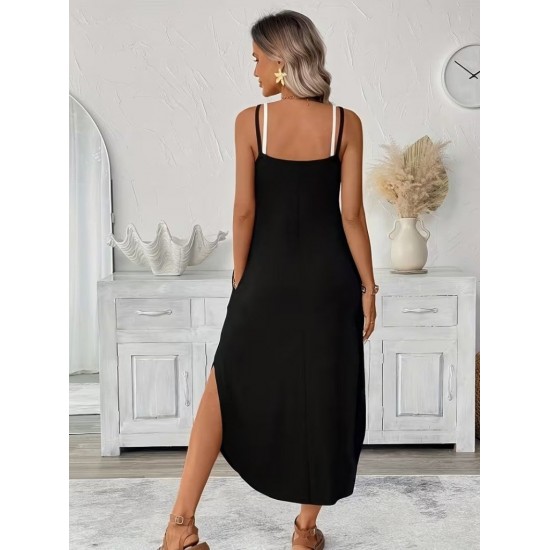 Kadın Ip Askılı Yuvarlak Yakalı Cepli Uzun Viskon Elbise , 31840