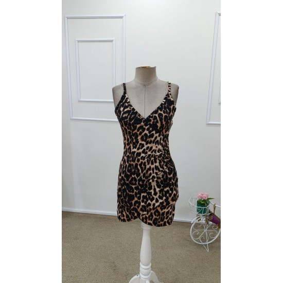 Kadın Ip Askılı Kruvaze Yakalı Yanlardan Büzgülü Leopar Desenli Kısa Süprem Elbise , 31836