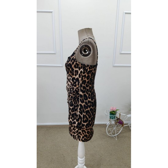 Kadın Ip Askılı Kruvaze Yakalı Yanlardan Büzgülü Leopar Desenli Kısa Süprem Elbise , 31836