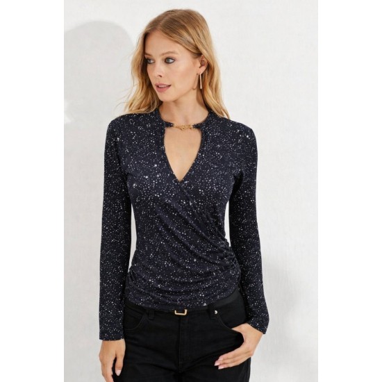 Kadın Uzun Kollu Kruvaze Yakalı Aksesuarlı Dalgıç Bluz, 31842