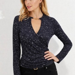 Kadın Uzun Kollu Kruvaze Yakalı Aksesuarlı Dalgıç Bluz, 31842