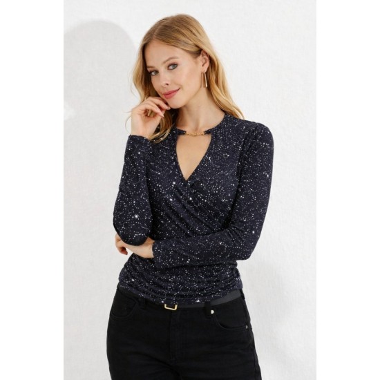Kadın Uzun Kollu Kruvaze Yakalı Aksesuarlı Dalgıç Bluz, 31842
