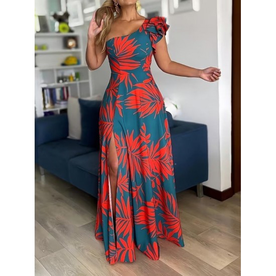 Kadın Tek Omuzlardan Açık Yırtmaçlı Uzun Desenli Elbise , 31841