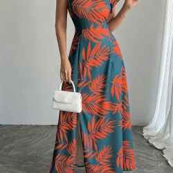 Kadın Tek Omuzlardan Açık Yırtmaçlı Uzun Desenli Elbise , 31841