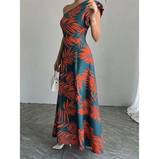 Kadın Tek Omuzlardan Açık Yırtmaçlı Uzun Desenli Elbise , 31841