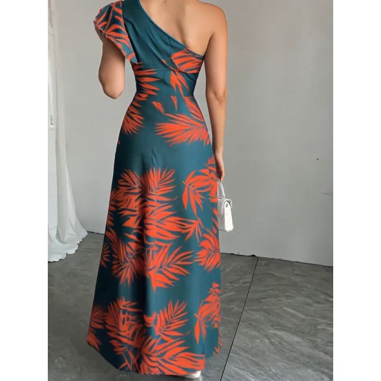 Kadın Tek Omuzlardan Açık Yırtmaçlı Uzun Desenli Elbise , 31841