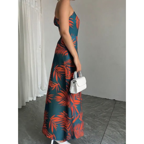 Kadın Tek Omuzlardan Açık Yırtmaçlı Uzun Desenli Elbise , 31841