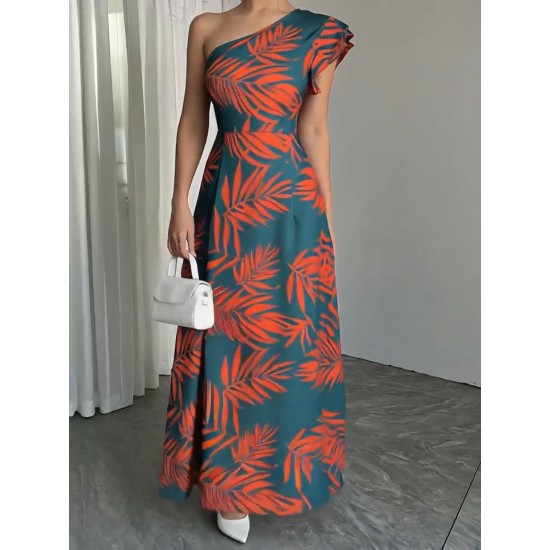 Kadın Tek Omuzlardan Açık Yırtmaçlı Uzun Desenli Elbise , 31841