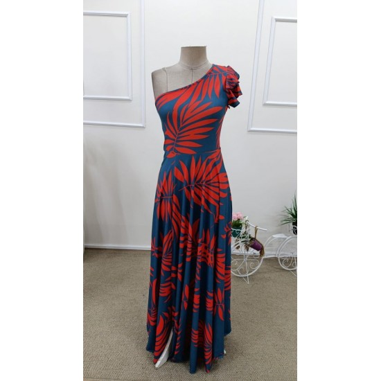 Kadın Tek Omuzlardan Açık Yırtmaçlı Uzun Desenli Elbise , 31841