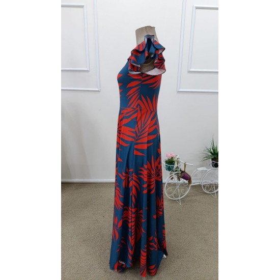 Kadın Tek Omuzlardan Açık Yırtmaçlı Uzun Desenli Elbise , 31841