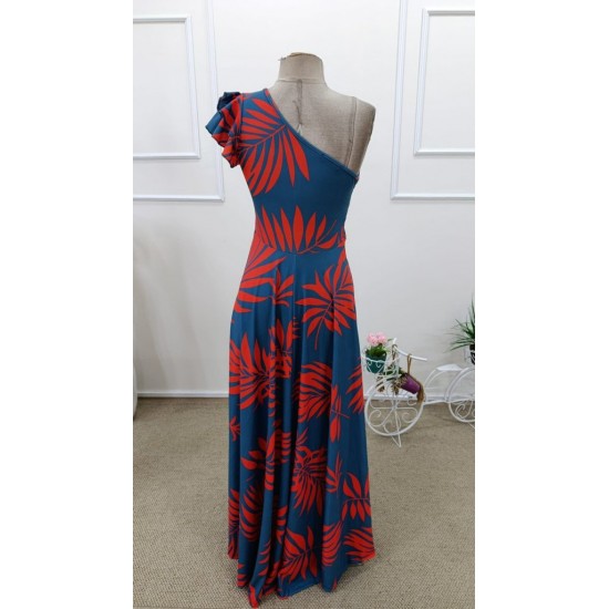 Kadın Tek Omuzlardan Açık Yırtmaçlı Uzun Desenli Elbise , 31841