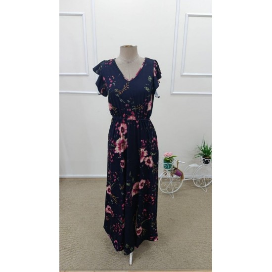 Kadın Kısa Kollu Kruvaze Yakalı çiçek Desenli Uzun Süprem Elbise , 31857