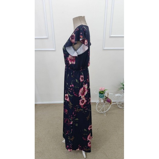 Kadın Kısa Kollu Kruvaze Yakalı çiçek Desenli Uzun Süprem Elbise , 31857