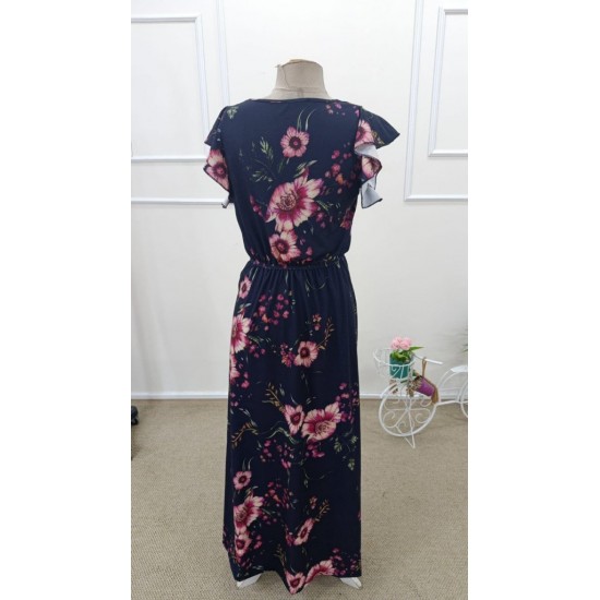 Kadın Kısa Kollu Kruvaze Yakalı çiçek Desenli Uzun Süprem Elbise , 31857
