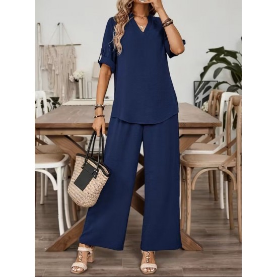 Kadın Kısa Kollu V Yakalı Aerobin Bluz Ve Pantolon Ikili Takım , 31856