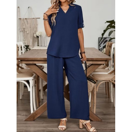 Kadın Kısa Kollu V Yakalı Aerobin Bluz Ve Pantolon Ikili Takım , 31856