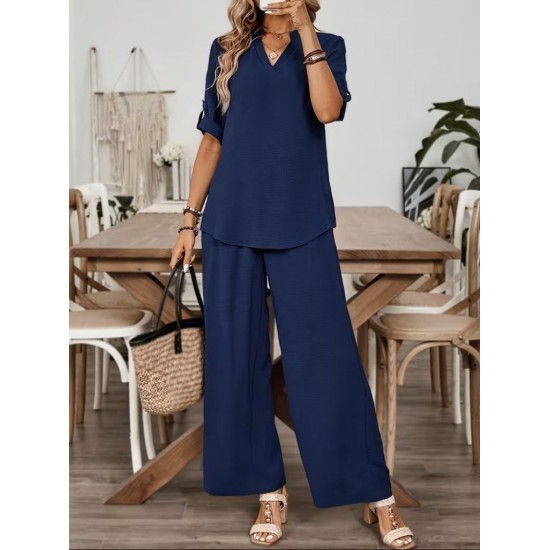 Kadın Kısa Kollu V Yakalı Aerobin Bluz Ve Pantolon Ikili Takım , 31856