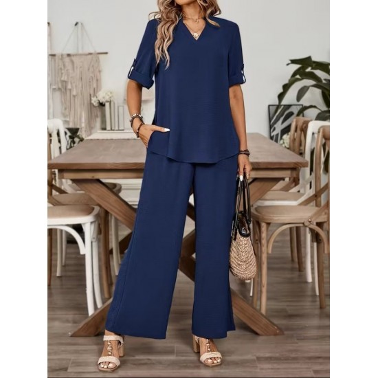 Kadın Kısa Kollu V Yakalı Aerobin Bluz Ve Pantolon Ikili Takım , 31856