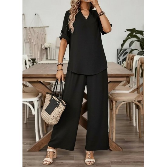 Kadın Kısa Kollu V Yakalı Aerobin Bluz Ve Pantolon Ikili Takım , 31854