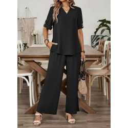 Kadın Kısa Kollu V Yakalı Aerobin Bluz Ve Pantolon Ikili Takım , 31854