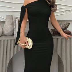 Kadın Yakası Açık Omuzdan Bağcıklı Uzun Janjan Krep Elbise, 31853