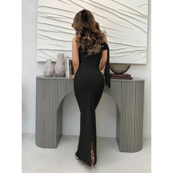 Kadın Yakası Açık Omuzdan Bağcıklı Uzun Janjan Krep Elbise, 31853