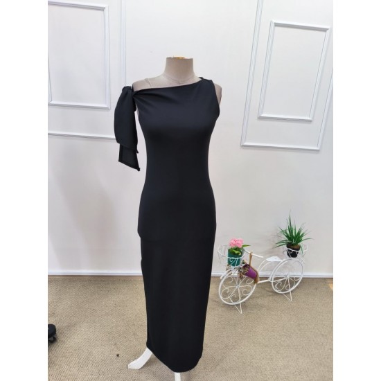 Kadın Yakası Açık Omuzdan Bağcıklı Uzun Janjan Krep Elbise, 31853