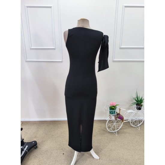 Kadın Yakası Açık Omuzdan Bağcıklı Uzun Janjan Krep Elbise, 31853