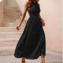 Kadın Omuzlardan Açık Boyundan Bağlamalı Puantiyeli Uzun örme Krep Elbise , 31852