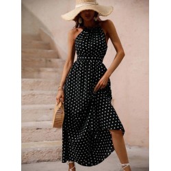 Kadın Omuzlardan Açık Boyundan Bağlamalı Puantiyeli Uzun örme Krep Elbise , 31852