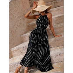 Kadın Omuzlardan Açık Boyundan Bağlamalı Puantiyeli Uzun örme Krep Elbise , 31852