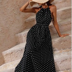 Kadın Omuzlardan Açık Boyundan Bağlamalı Puantiyeli Uzun örme Krep Elbise , 31852