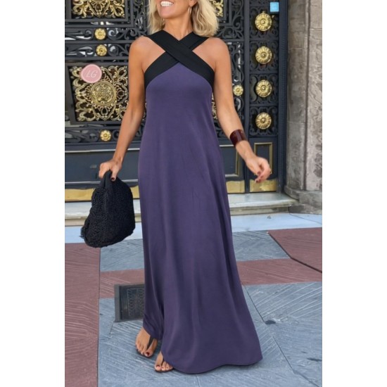 Kadın önden çapraz Detaylı Iki Renkli Uzun Viskon Elbise , 31850