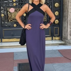 Kadın önden çapraz Detaylı Iki Renkli Uzun Viskon Elbise , 31850