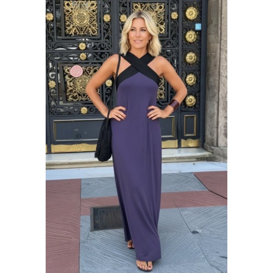 Kadın önden çapraz Detaylı Iki Renkli Uzun Viskon Elbise , 31850