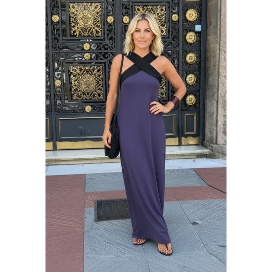 Kadın önden çapraz Detaylı Iki Renkli Uzun Viskon Elbise , 31850