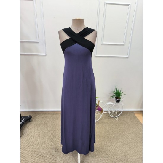 Kadın önden çapraz Detaylı Iki Renkli Uzun Viskon Elbise , 31850