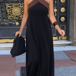 Kadın önden çapraz Detaylı Iki Renkli Uzun Viskon Elbise , 31848