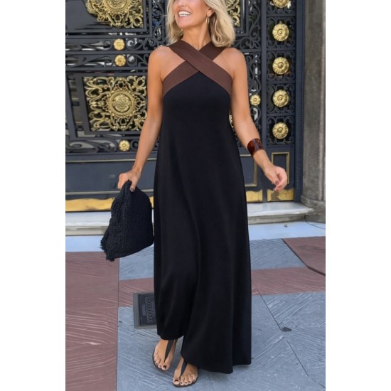 Kadın önden çapraz Detaylı Iki Renkli Uzun Viskon Elbise , 31848