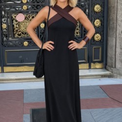 Kadın önden çapraz Detaylı Iki Renkli Uzun Viskon Elbise , 31848