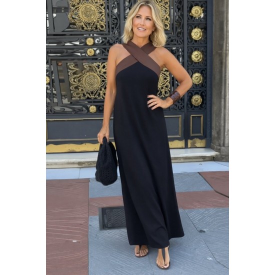 Kadın önden çapraz Detaylı Iki Renkli Uzun Viskon Elbise , 31848